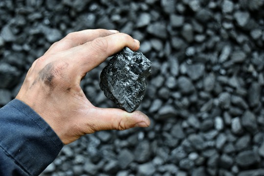 górnik trzymający kostkę węgla